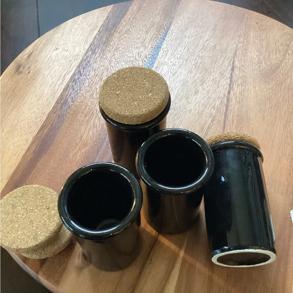 Pier 1 Italy set (4) ceramic spice jars with cork stoppers.